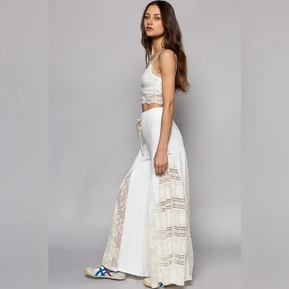 43. POL LAST 1! Wide Leg Pant & Lace Dress Top Women's White Drawstring - Picture 2 of 6